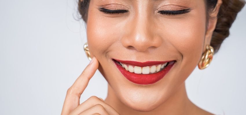 Close up Fashion woman red lips big smile