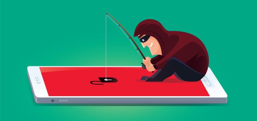 vector illustration of hacker fishing with unlocked smartphone